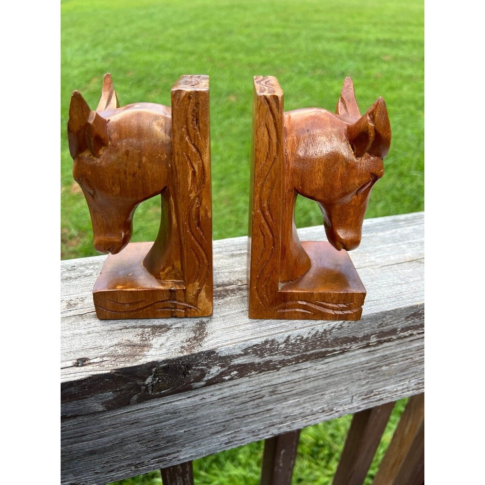 Mid-Century Brown Wooden bull Ox Head Bookends Hand Carved Pair MCM Vintage